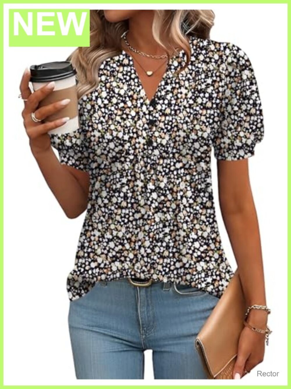 Puff Short Sleeve V-Neck Blouse Pleated Loose Fit Casual Tunic Top